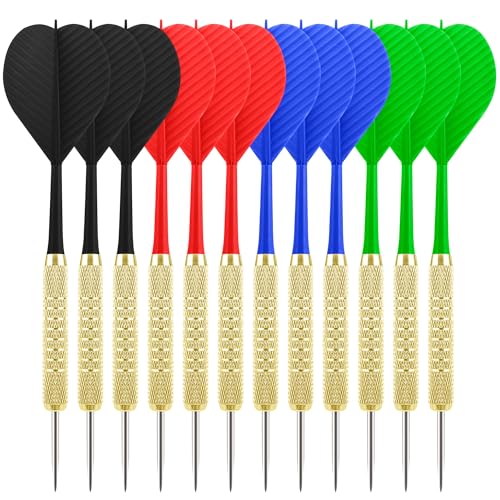 CyeeLife Dartpfeile mit Metallspitze,12 Stück Steeldarts Set mit 4 Farbigen Integriertes Dartflug und Schaftsystem,Stahlspitze Darts Set