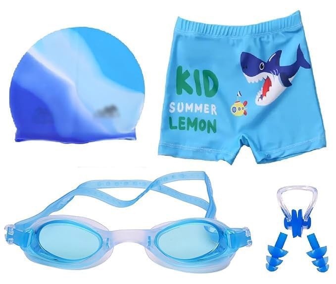 | Kids Swimming Kit with 1 Swimming Shorts | Costume | Trunk Swimming 1 Anti Fog Swimming Goggles 1 Silicone Swimming Cap 1 Nose Clip 2 Ear Plugs (5-8 Yrs) | 165 Blue-image-23