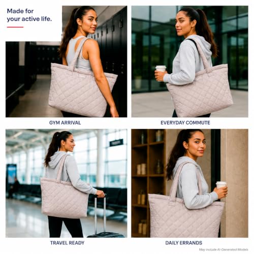 Image of Reebok Womens Tote Bag - Lightweight Carry On Puffer Quilted Tote Bag for Travel Work Travel and Daily Essentials