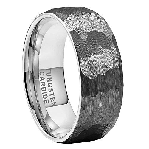 iTungsten 8mm Hammered Tungsten Carbide Rings for Men Women Engagement Wedding Band Domed Comfort Fit