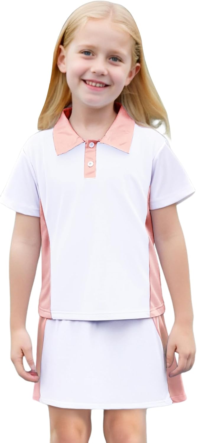 CM C&M WODRO Girls Tennis Dress Golf Outfit Short Sleeve Polo Shirt and Skorts Sets Kids Athletic Top Sport Skirt with Shorts