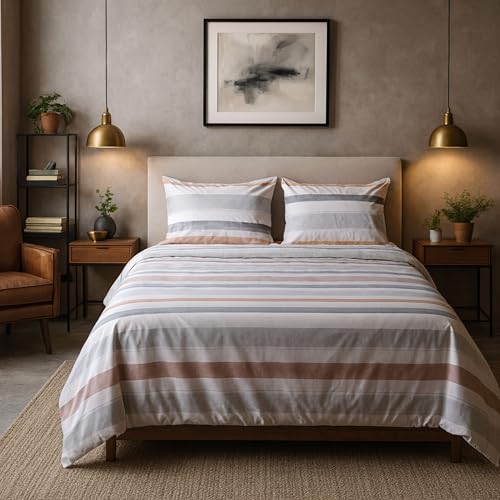 Funda Nórdica 2/3 Piezas para Cama 90/135/150 - Funda de Edredón Algodón 100% Rayas Gris - Edredón + 1 o 2 Fundas de Almohadas - Conjunto de Cama Rayas Naranja (Cama 150 (250X230 CM))