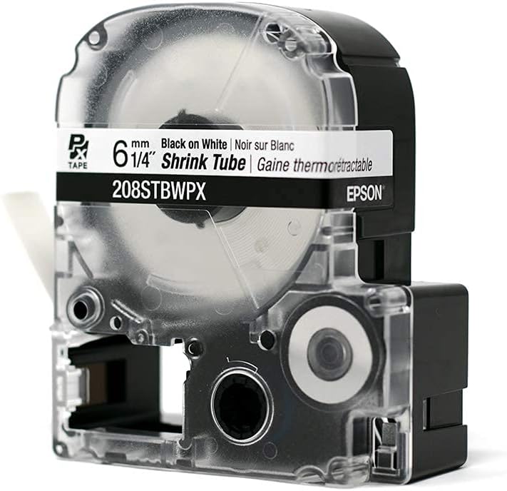 Epson LABELWORKS 208STBWPX Tape Cartridge - Black on White Shrink Tube Industrial Label Maker Tape - AWG 6-18, 1/4" (8MM) Wide, 8 ft (96")