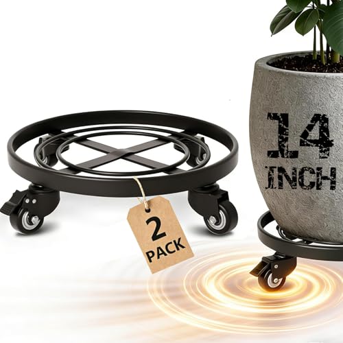 AMAGABELI GARDEN & HOME Plant Caddy with Wheels Heavy Duty 14“ 2 Pack Rolling Plant Stand Plant Dolly Iron Wheeled Lockable Casters Round Pot Mover Rollers Indoor Outdoor Planter Trolley Metal