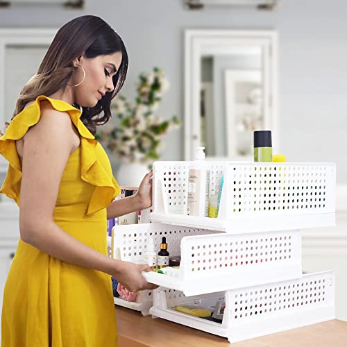Image of URBAN LUXY Foldable Plastic Rack for Storage /Kitchen Cupboard /Sturdy Wardrobe for Clothes /Multipurpose Storage Organizer /Closet for Bedroom /Living Room /Laundry (FOLDABLE STACKABLE BASKET-WHITE, 1PCS)
