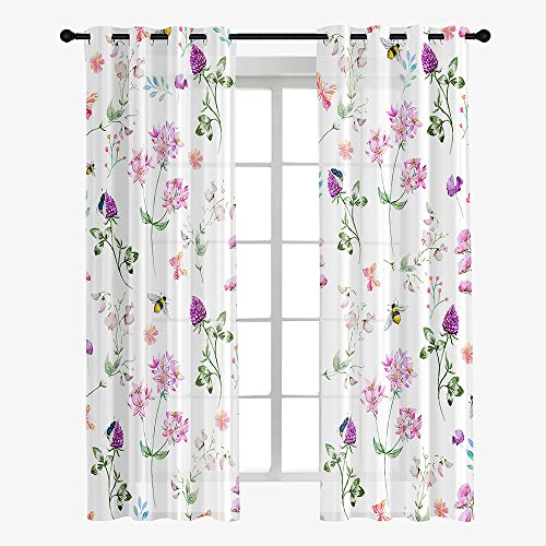 Hiseng Cortinas Salon Modernas 2 Piezas, Cortina Translucidas Estampado Floral 3D con Ojales, Visillos Cortos para Dormitorio Cocina Ventanas Comedor Habitacion (55x95cm,Flor Purpura)