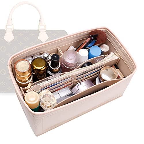 Image of Doxo Purse Organizer Insert for Handbags & Base Shaper Combination,Tote Bag Organizer Insert with 6 Sizes,Compatible with LV Speedy & Neverfull ON THE GO and More (L-Beige)