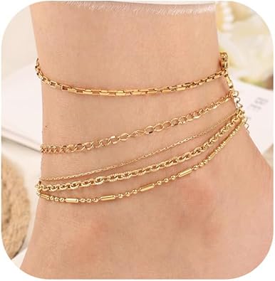 Gold Ankle Bracelets for Women 14k Gold Waterproof Layered Link Chain Anklets Set Jewelry Gift Adjustable Size