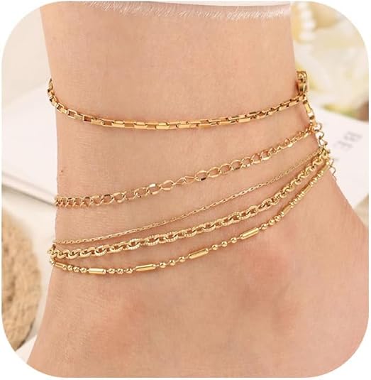 Gold Ankle Bracelets for Women 14k Gold Waterproof Layered Link Chain Anklets Set Jewelry Gift Adjustable Size