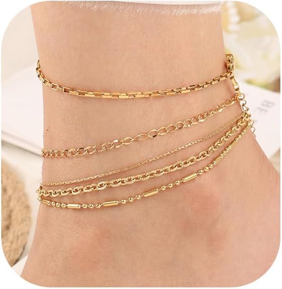 Gold Ankle Bracelets for Women 14k Gold Waterproof Layered Link Chain Anklets Set Jewelry Gift Adjustable Size