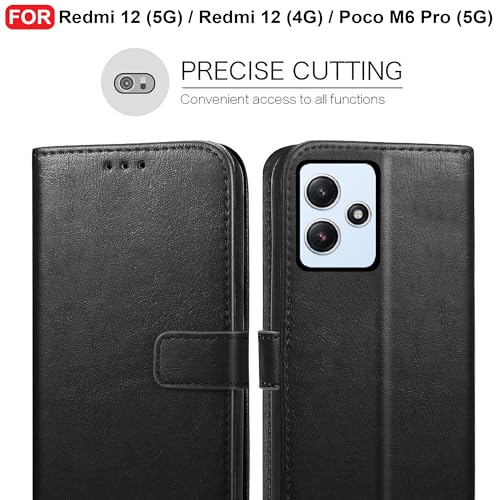 Image of CEDO Flip Cover for Redmi 12 (5G) / Redmi 12 (4G) / Poco M6 Pro (5G) | Leather Finish | Inside Pockets & Inbuilt Stand | Shockproof Wallet Style Magnetic Closure Back Case Flipcover (Black)