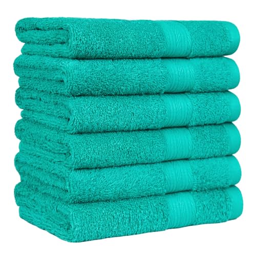 Image of Amazon Basics Fade-Resistant 100% Cotton Hand Towels for Bathroom, Soft Absorbent, 26 x 16 inches, Teal, 6-Pack