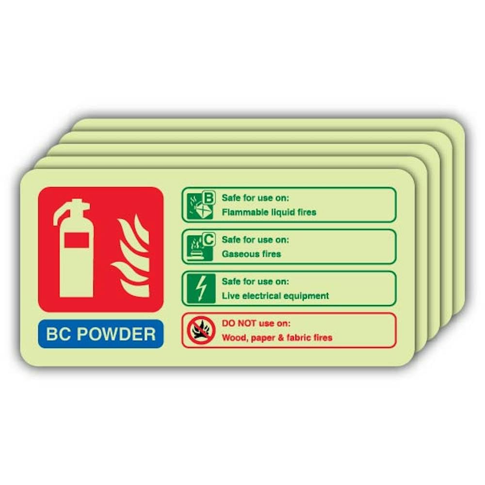 V Safety Photoluminescent BC Powder Fire Extinguisher - Landscape Safety Sign - 220 x 110 mm - 1.2mm Rigid Plastic - Triple Glow