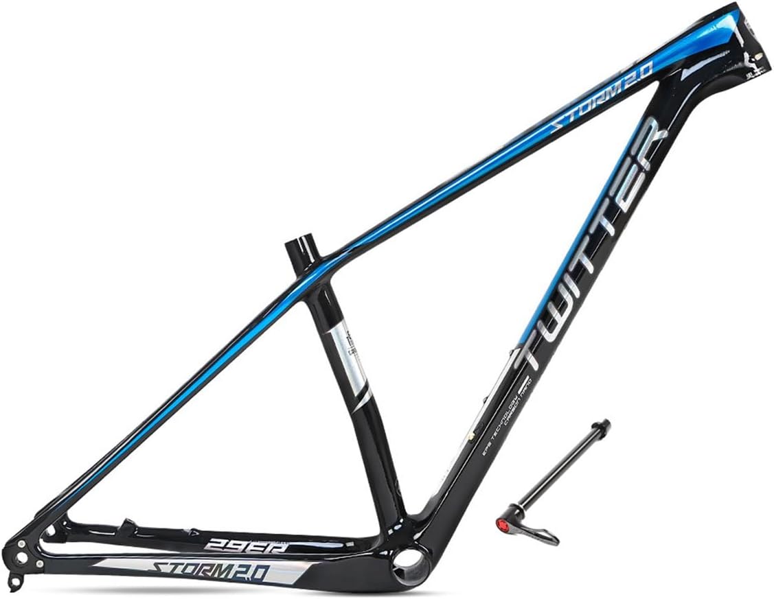 27.5er 29er Mountain Bike Disc Brake Frame 15/17/19in XC Carbon Fibre Cyclocross Hardtail Frame 12 * 142mm Thru-Axle Internal Routing(Black Blue,29 * 15")