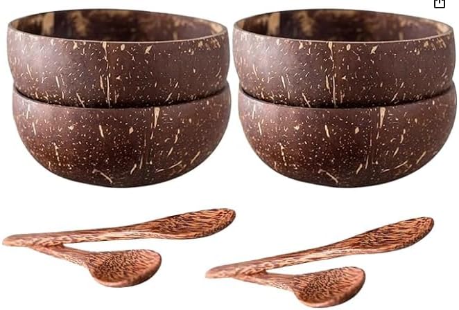 HVT Global Juego de 4 cuencos y cucharas de coco 100% naturales, orgánicos y ecológicos hechos en Ben Tre, Vietnam (juego de 4 cuencos de coco y 4