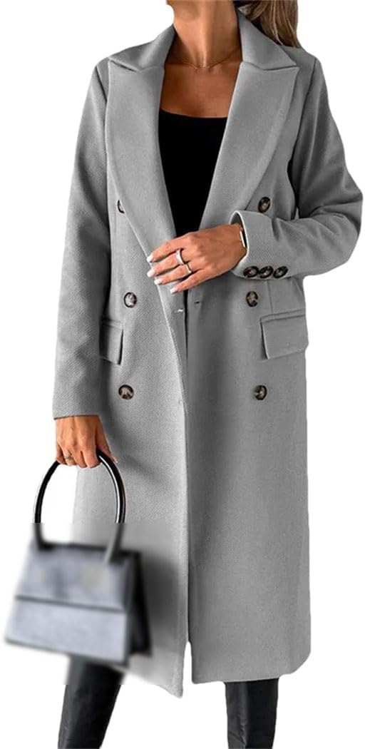 Women's Vintage Long Overcoats Notch Laple Doule Breasted Long Sleeve Jackets Winter Thicken ﻿Warm Windbreaker
