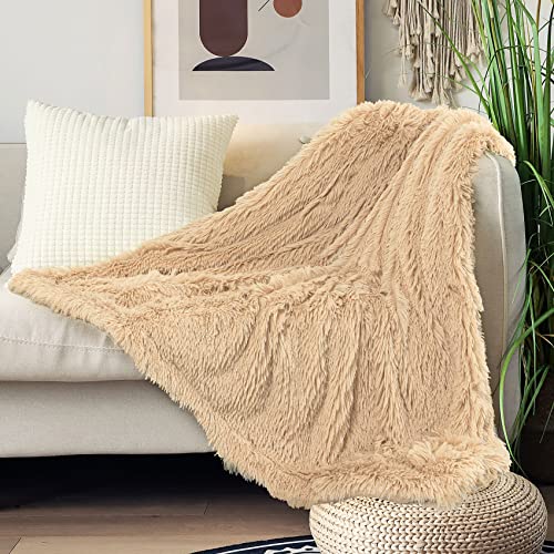 Decorative Extra Soft Faux Fur Throw Blanket 50"X60",Solid Reversible Fuzzy Lightweight Long Hair Shaggy Blanket,Fluffy Cozy Plush Fleece Comfy Microfiber Blanket For Couch Sofa Bed,Apricot #TOP1