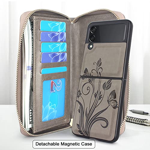 Lacass Compatible With Samsung Galaxy Z Flip 3 Flip3 5G Uw Case Crossbody Dual Zipper Detachable Magnetic Leather Wallet Cover Wrist Strap With 13 Card Slots(Floral Gray) #TOP1