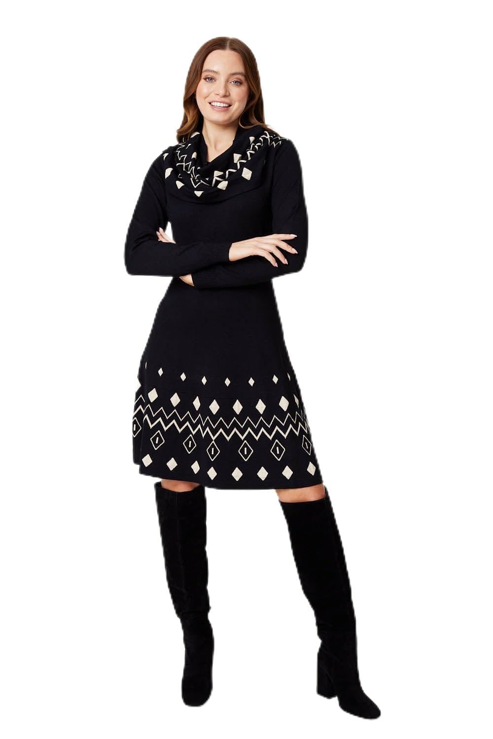 Izabel London Black Printed Knit Skater Dress In - 18