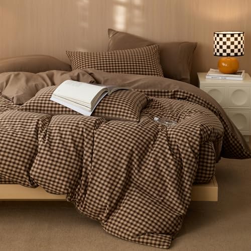 Image of EAVD Vintage Brown Gingham Plaid Duvet Cover Set Queen 3-Piece Soft 100% Washed Cotton Bedding Set Retro Checkered Bedding Set with 2 Pillowcases Neutral Plaid Comforter Cover with Zipper