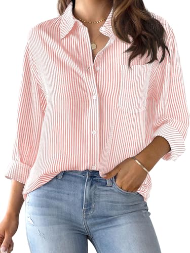 CUNLIN Peach Color Tops for Women Striped Button Down Shirt Long Sleeve Womens Dressy Casual Blouses Blouse Up Shirts Peach Size L