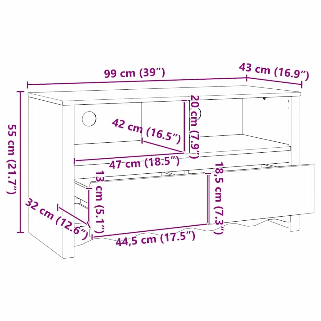 Mobile TV Drammen in legno massello di pino, 99 x 43 x 55 cm, con cassetti, scaffali, comò per soggiorno, per gaming, home theatre e conservazione moderna