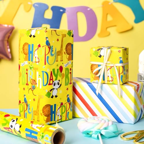 Retrify Rolo de papel de embrulho reversível de aniversário, 43 cm x 80 cm, animais coloridos da sel