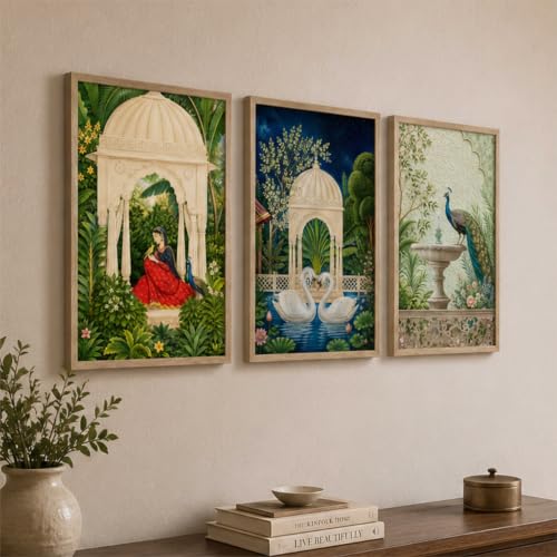 Image of Livin'luxe Set of 3 Royal Garden Wall Paintings for Living Room Dining Bedroom Home Decor with Premium Wooden Color Synthetic Frame (13.5 x 19.5 Inch) NM03-74