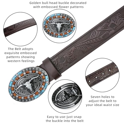 Image of Mens Western Cowboy Cowgirl Faux Leather Belt Longhorn Bull Pattern Letter Big Buckle Embossed Floral Belts