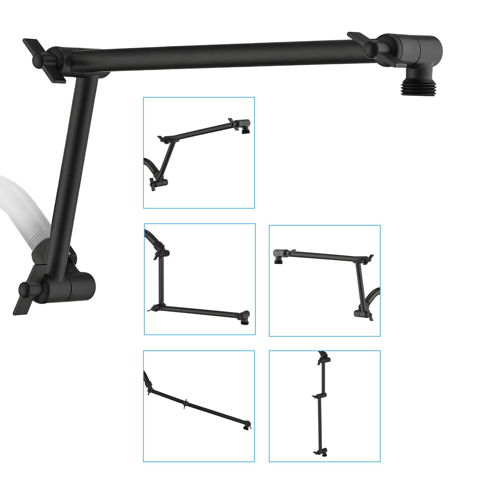 PDPBath Brass 16 Inch Shower Head Extension Arm, Upgrade Flexible Height &amp; Angle Adjustable Shower Arm Extender with Lock Joints, for Fixed Shower Head &amp; Handheld Shower Head, Matte Black