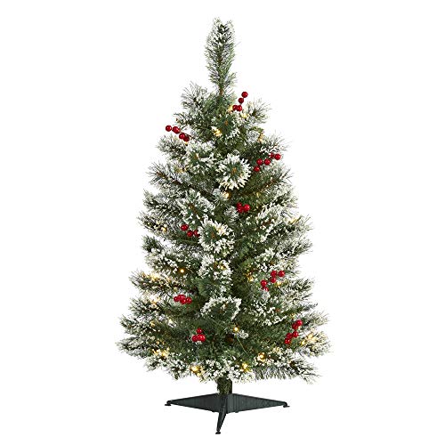 Nearly Natural 3ft Artificial Swiss Pine Christmas Tree Frosted with 50 Clear LED Lights and Berries