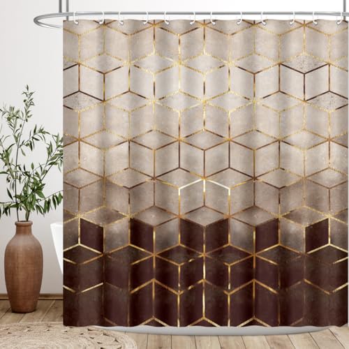 BIYSUC Ombre Brown Marble Shower Curtain Abstract Geometric Grid Cubic Gold Lines Modern Bathroom Home Decor Waterproof Polyester Fabric 72Lx72W Inch Thickening Type Weight 0.97lb,Plastic Hooks
