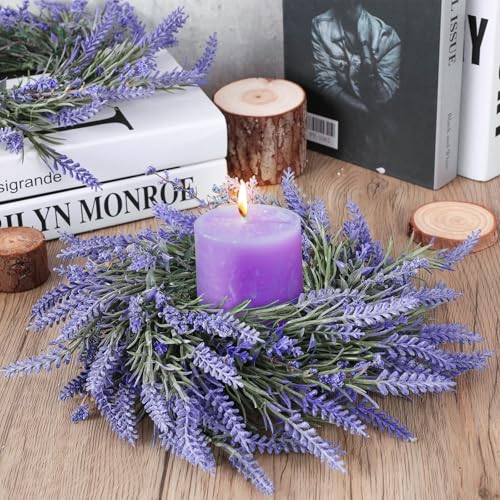 Image of 4 Pcs Lavender Candle Rings Wreaths Mini Purple Wreath Table Centerpieces 3 Inch Floral Wedding Ring Wreaths Pillar Lavender Candle Holder for Spring Summer Home Door Party Decoration