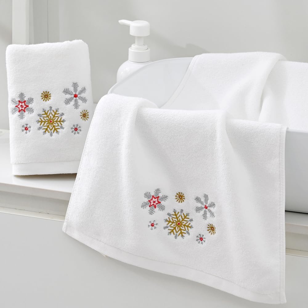 Snowflake Embroidered Design White Hand Towel Set of 2 Winter Holiday Decorative Ultra Absorbent 100% Cotton Super Soft Luxury Bathroom Hand Towels 13 x 29 Inch - Image 2