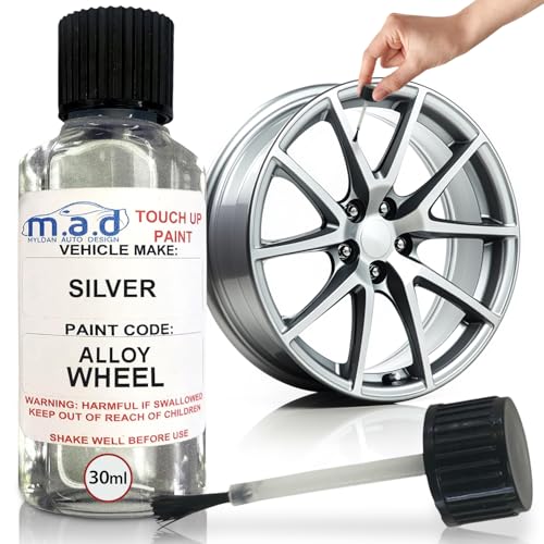 M.A.D MYLDAN AUTO DESIGN M.A.D Silver Alloy Wheel Touch-Up Repair Kit - 30ml Gloss Finish Paint with Brush for Curbing Scratches & Scuffs - Chip-Resistant, Helios Formula