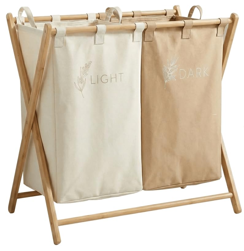 CUQUI Cesta Ropa Sucia Bambú, Cesta Ropa Sucia Dos Compartimentos XXL 155 Litros, Cesto Colada Doble Madera con Bolsas Extraíbles Lavables, Mueble Clasificador Familiar Grande para Baño