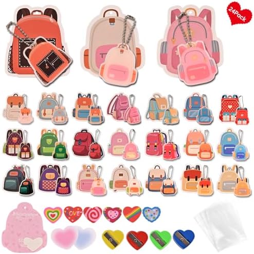 24 Pack Valentines Day Gifts for Kids Classroom,with Greeting Card,Keychain,Post-it notes,Eraser,Pencil Sharpener,Packaging bag,Party Favor for School Gift Exchange