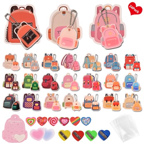 Eossth 24 Pack 144Pcs Valentines Day Gifts for Kids Classroom,with Acrylic Keychain,Greeting Card,Post-it notes,Eraser,Pencil Sharpener,Packaging bag,Party Favor for School Gift Exchange