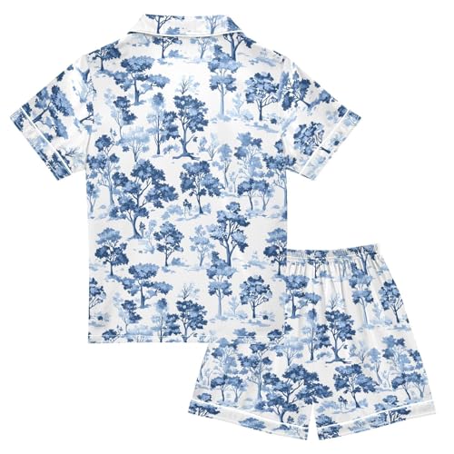 Blue Forest Tree Pajamas Sets Short Sleeve Silk Stain Pjs Button Down Sleepwear for 5-14Y2