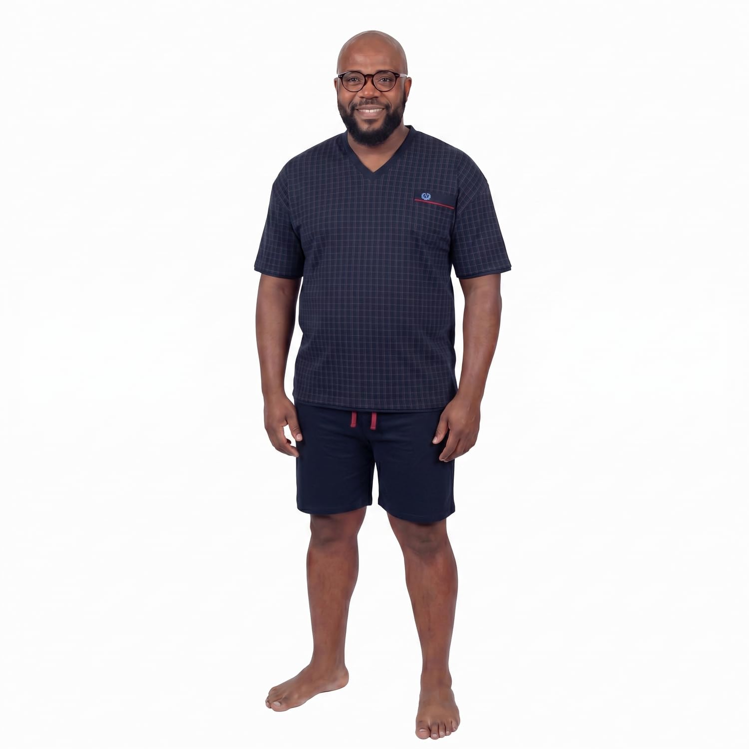 ADAMO Kurzer Herren Pyjama kariert Navy mit V-Ausschnitt bis Übergröße 10XL