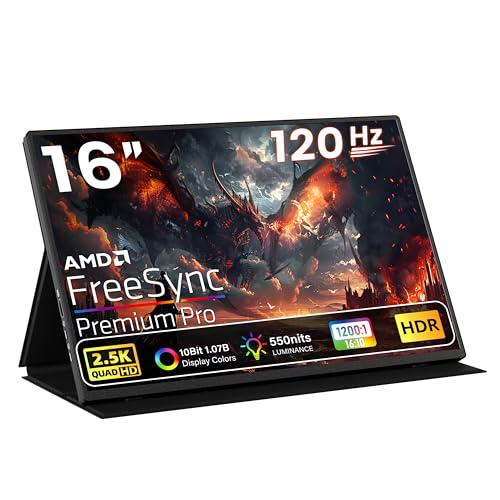 Upperizon Portable Monitor 16" 2K QHD 2560X1600 550 Nits 106% sRGB 120Hz IPS HDR HDMI USB-C Travel Monitor for Laptop Mac PC Surface PS5 Xbox, External Display with Cover & Speakers, VESA Compatible