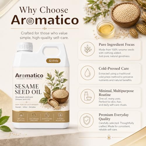 Image of AROMATICO Sesame Oil for Skin, Hair and Body Care, Multipurpose Carrier Oil for Massage, Scalp Care, Dry Skin Routine, DIY Beauty and Natural Glow - 946 ml