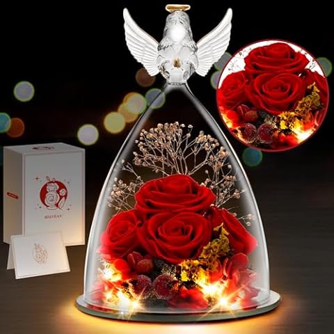 Mothers Day Rose Gifts for Mom, 4 Red Roses in Glass Angel Figurines with LED Light for Grandma, Mom gifts from Daughter, Ideal Mother's Day, Birthday Gifts for Women, Preserved Flower Gifts for Her Cover