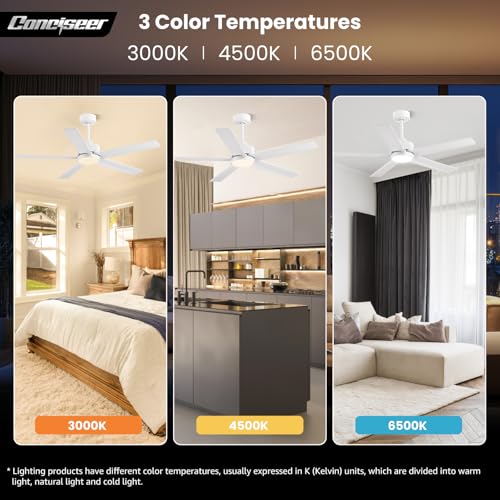 Image of Conciseer Modern Ceiling Fans with Lights,52 Inch Ceiling Fans with Remote for Bedroom Living Room Kitchen, 18W 6CCT Dimmable,5 Blades 6 Speed Reversible Quiet DC Motor White