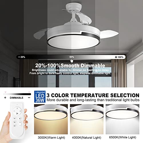 Snj 42 Inch White Retractable Ceiling Fan With Dimmable Led Lights And Remote Control, Low Profile Modern Ceiling Fan For Home Bedroom, Living Room, Dining Room, Noiseless Motor, Fan #TOP2