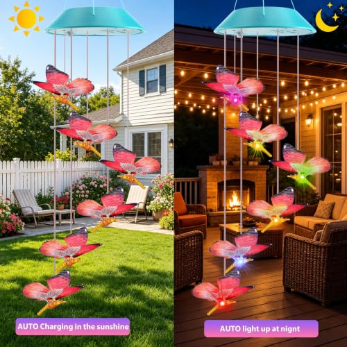 Image of Toodour Solar Wind Chime, Color Changing LED Swaying Butterfly Wind Chimes, Upgrade Butterfly with Fluttering Wings, Waterproof Solar Outdoor Light Decor for Garden Window Patio, Gift for Mom Grandma