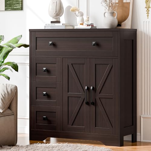 Vabches Farmhouse Storage Cabinet with 2 Doors and 4 Drawers, Freestanding Bathroom Storage Cabinet Kitchen Pantry, Floor Cupboard for Living Room/Bathroom/Kitchen,Espresso