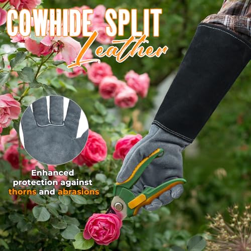 image for HANDLANDY Long Gardening Gloves for Men & Women, Cowhide Leather Rose 