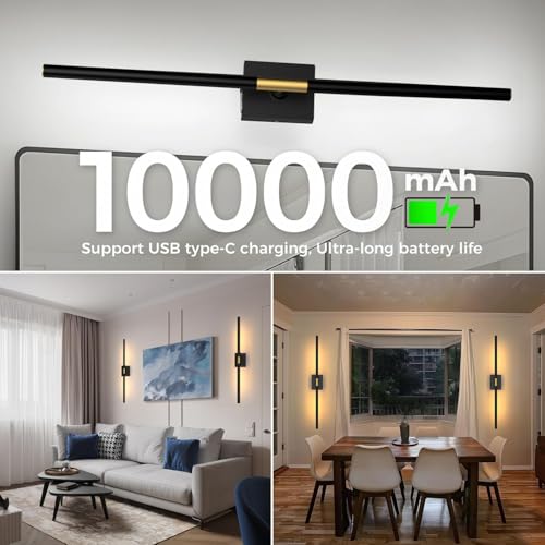 Image of iThird Wall Sconce Battery Operated Wall Light: 10000mAh Wireless Wall Sconces with Remote Control, 360 Rotate Rechargeable Wall Scone for Bedroom Living Room Bathroom Hallway, 31.5 Inch, Black