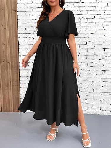 Plus Size Maxi Dress for Women Wrap V Neck Short Sleeve Smocked High Waist Side Split Flowy A Line Casual Elegant Long Dress4